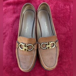 Salvatore Ferragamo Tan Leather Loafers with Gold Gancini Ornament Accent